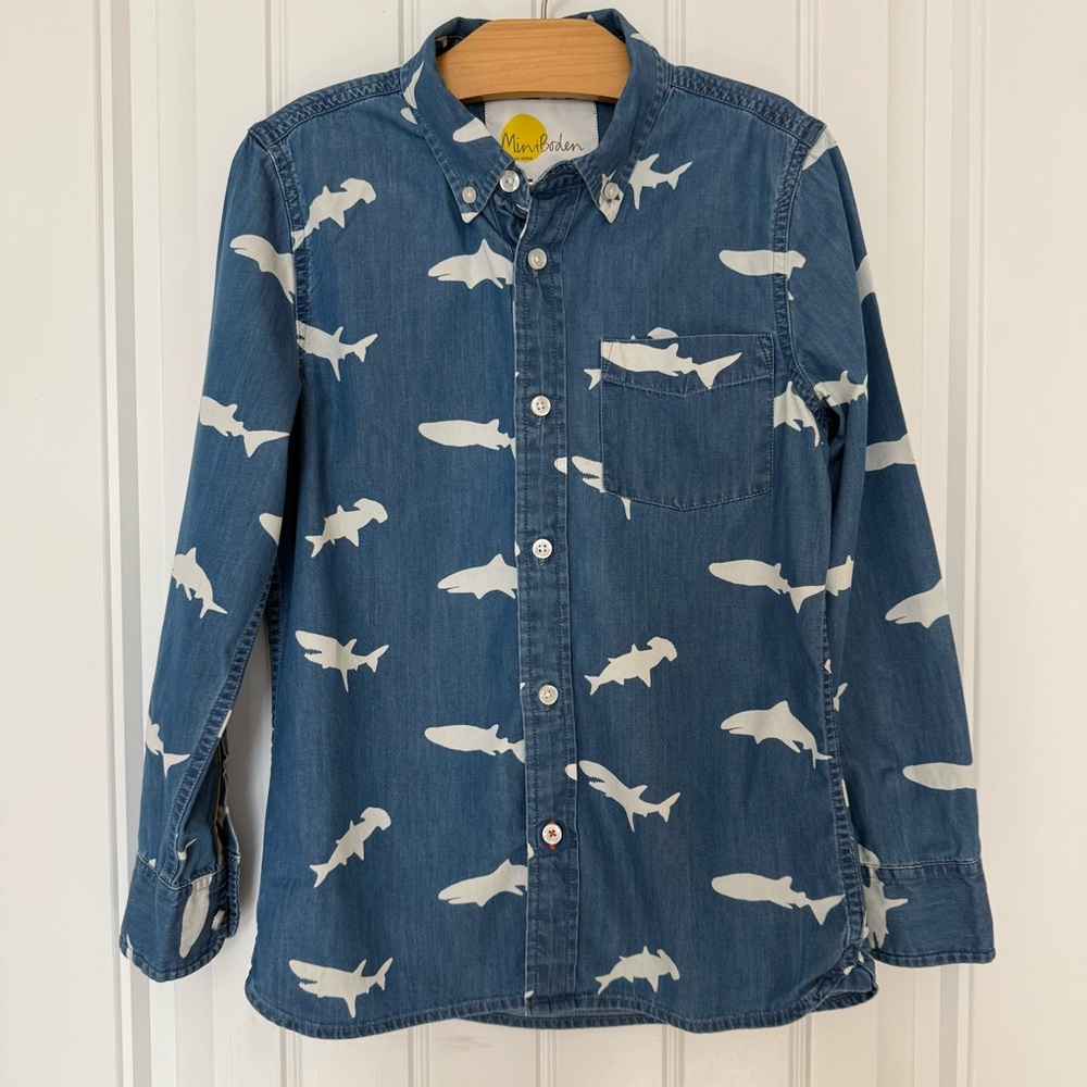 Mini Boden Denim Blue Shark Print Button Down Shirt
